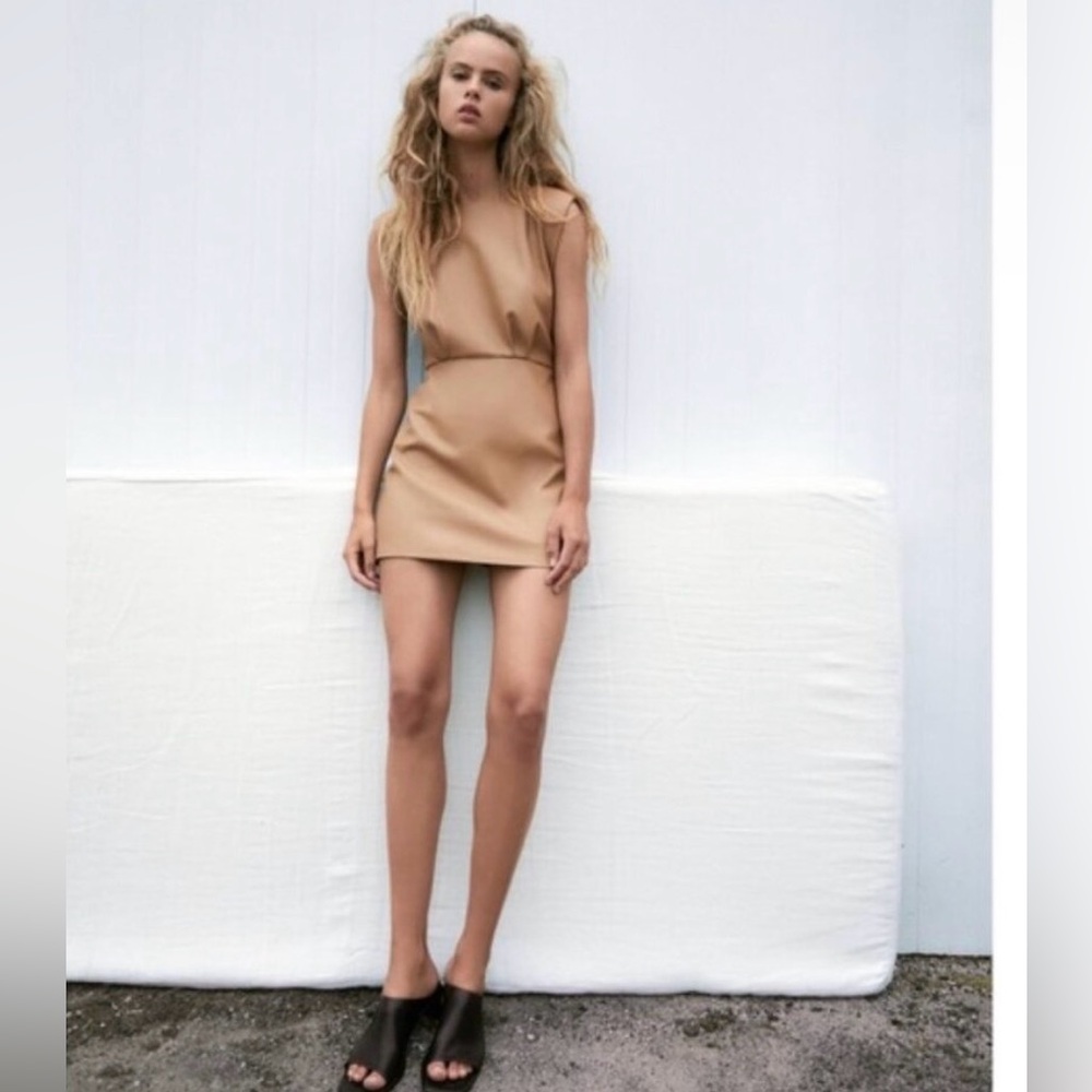 Zara faux leather tan mini padded Sholder Dress
